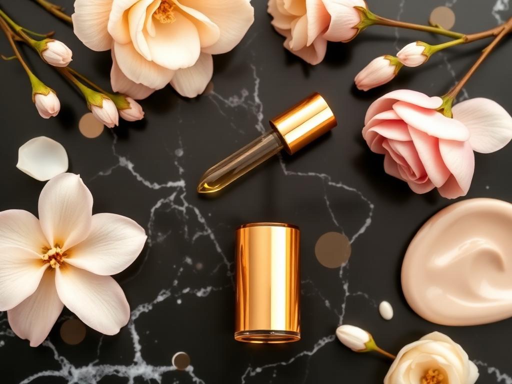 Luxury skincare flatlay with golden serum and florals