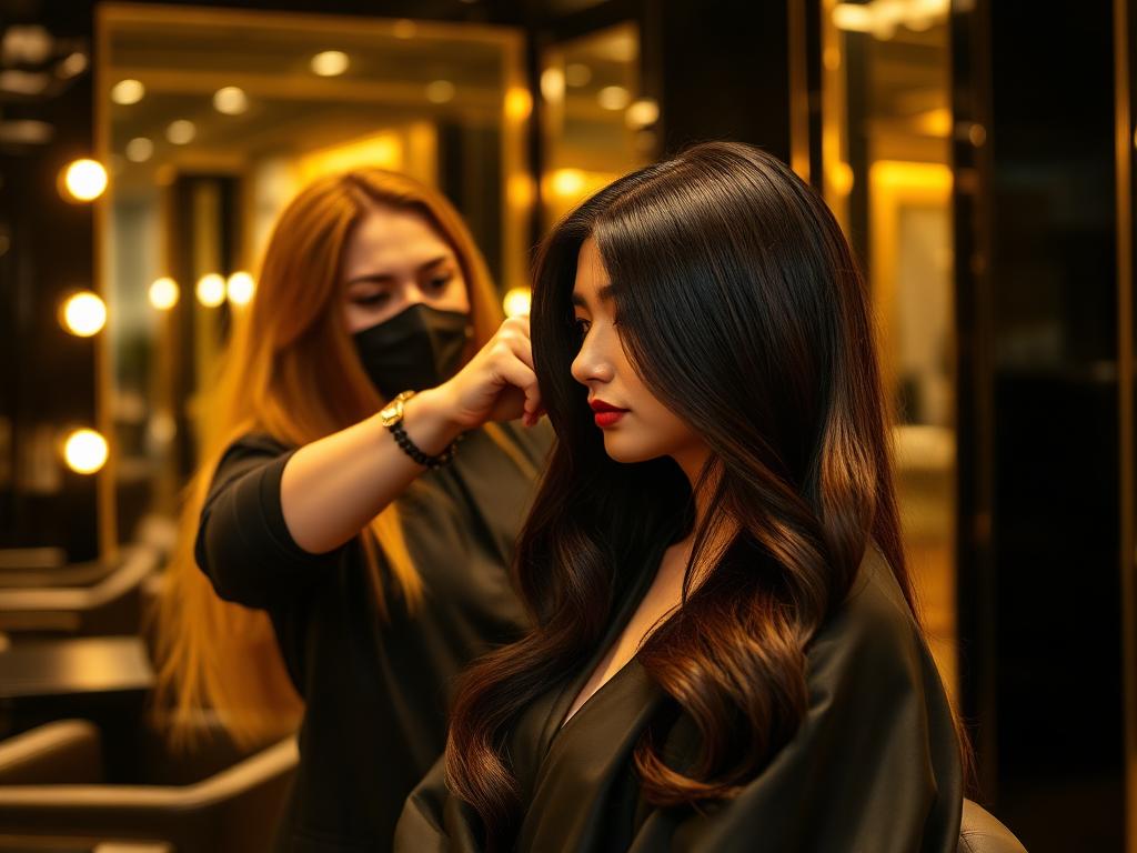 Stylist crafting a layered cut on long glossy hair